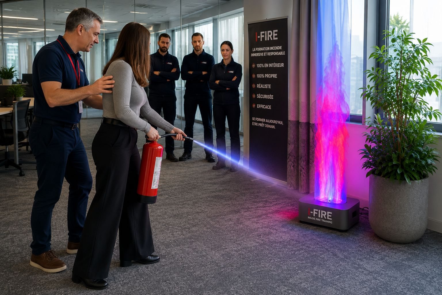 Exercice de maniement d'extincteur avec le simulateur de flammes i-fire, en intérieur