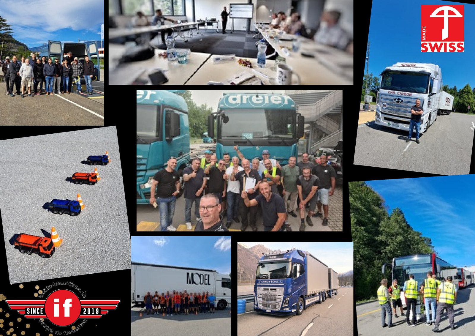 Mosaïque de photos de formations inside-formations : groupes, camions, ateliers pratiques