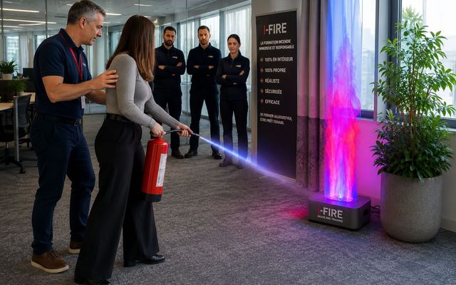 Participante maniant un extincteur devant le simulateur de feu i-fire