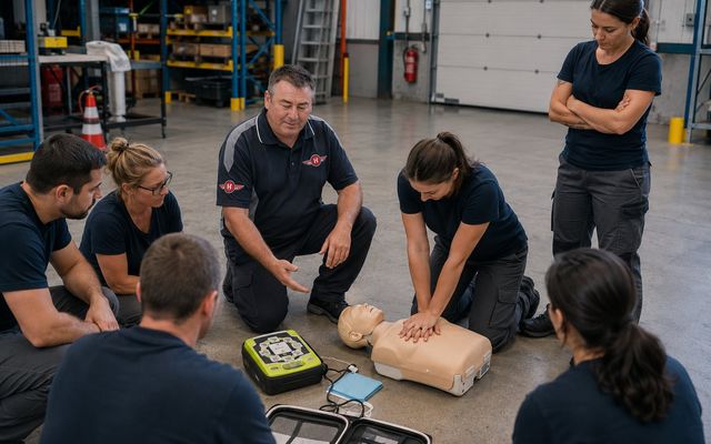 Groupe en exercice de massage cardiaque sur mannequin, avec défibrillateur